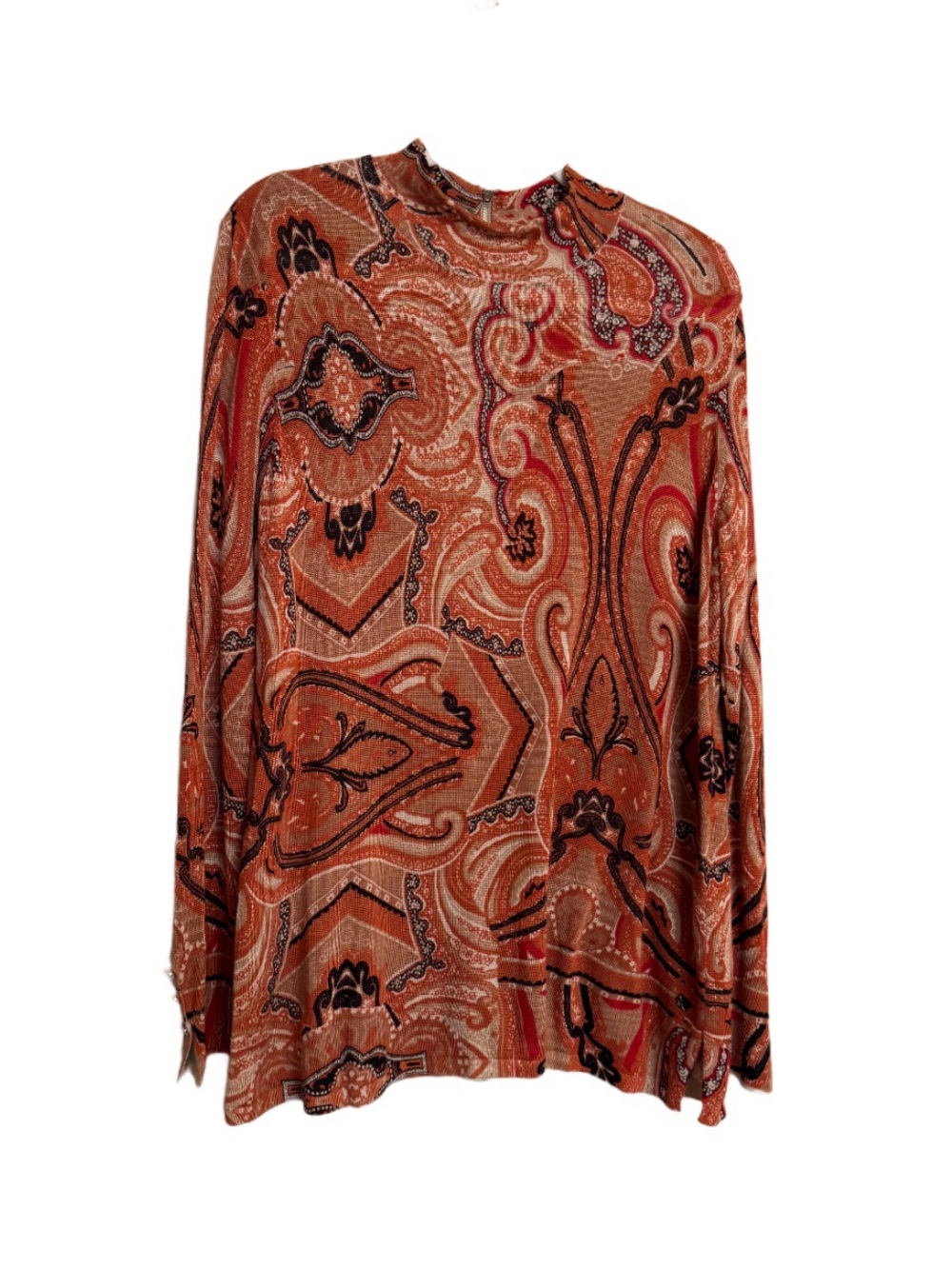 Chicos Women's Top Size 3 XL 16 Brown Beige Orange Paisley Long Sleeve Pullover